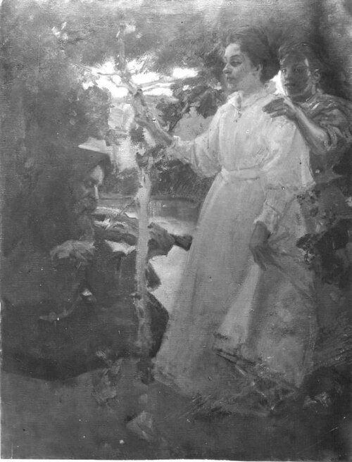 Zwei Mädchen und ein geigender Mönch, 1897, Arthur Langhammer