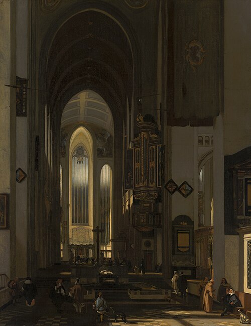 Vue d'une église imaginaire avec des moines, 1668, Emanuel de Witte