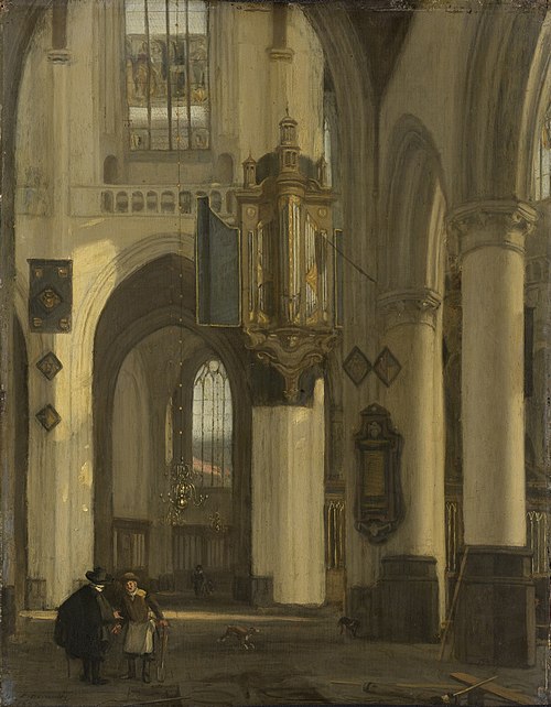 Intérieur d'une église gothique protestante avec des motifs de l'Oude Kerke et de la Nieuwe Kerke d', 1677, Emanuel de Witte