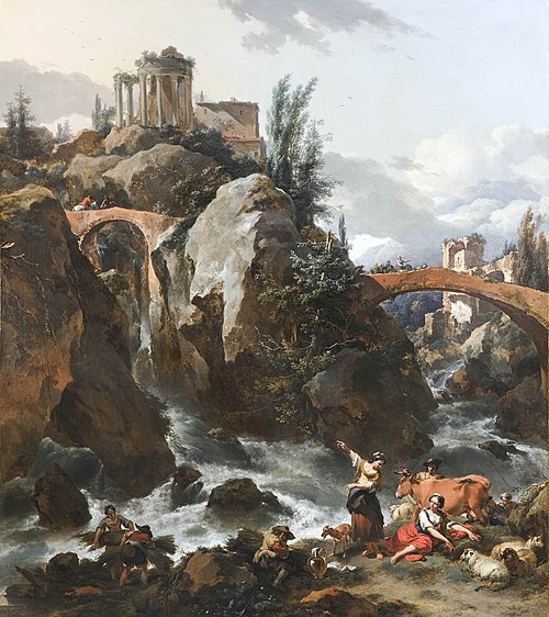 Landscape with a waterfall and the Temple of the Sibyl at Tivoli, 1665, Nicolaes Pieterszoon Berchem