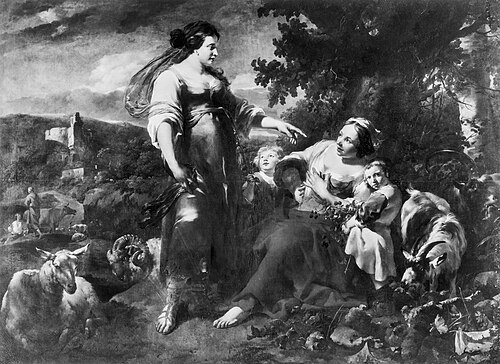 Rachel and Leah fighting over the Dudaim berries found by Ruben, Lea's son, 1650, Nicolaes Pieterszoon Berchem