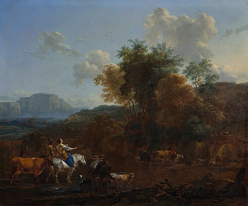 Italienische Landschaft mit musizierenden Hirten und ziehender Herde, 1662, Nicolaes Pieterszoon Berchem