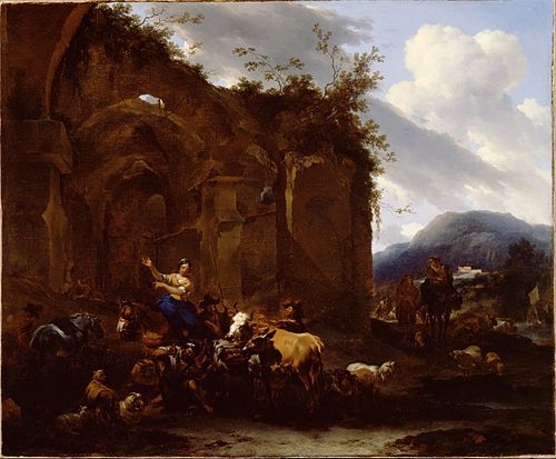 Maréchal-ferrant et paysans près de ruines romaines, 1650, Nicolaes Berchem