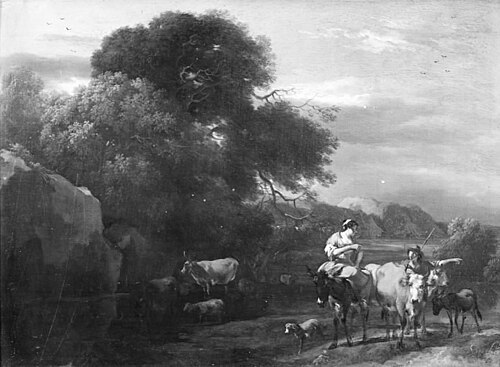 Evening Landscape with Wooded Rocks and Cattle, 1679, Nicolaes Pieterszoon Berchem