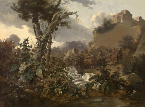 Italian Landscape with a Cavalry Battle, 1667, Nicolaes Pieterszoon Berchem
