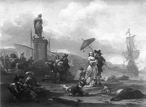 Italian port with peasants and a couple with a parasol, 1660, Nicolaes Pieterszoon Berchem