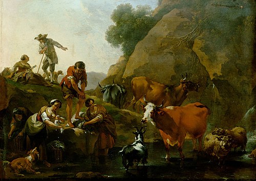 Cow herds and washing women near the water, 1681, Nicolaes Pieterszoon Berchem
