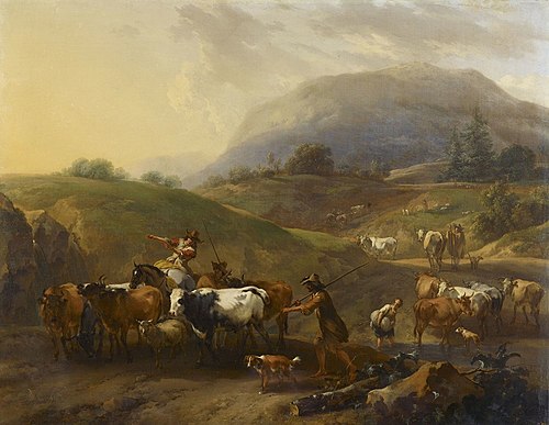 A Mountainous Landscape with Herdsmen Driving Cattle down a Road, 1673, Nicolaes Berchem