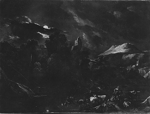 Gebirgslandschaft bei Mondschein mit Viehherde und Hirten, 1652, Nicolaes Pieterszoon Berchem