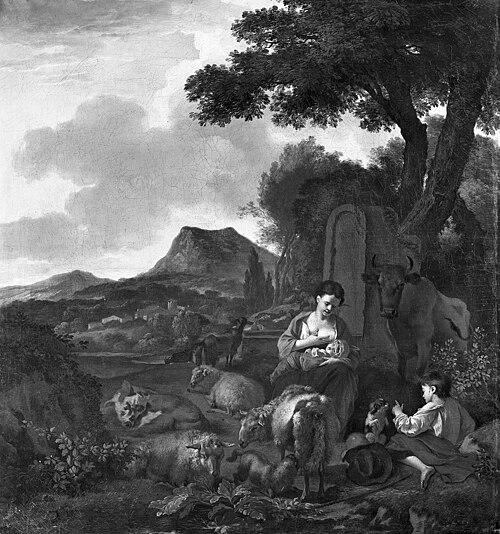 Nursing mother with a boy and a dog with sheep in a landscape, 1652, Nicolaes Pieterszoon Berchem
