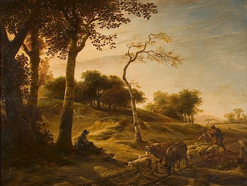 Dune landscape with trees, cattle and shepherds, 1643, Nicolaes Pieterszoon Berchem