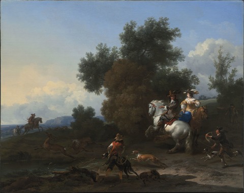 Landscape with an Elegant Hunting Party on a Stag Hunt, 1660, Nicolaes Berchem
