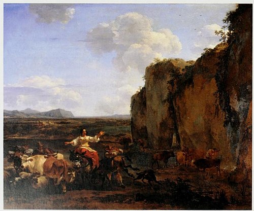Italianate Landscape with Stubborn Donkey, 1665, Nicolaes Berchem