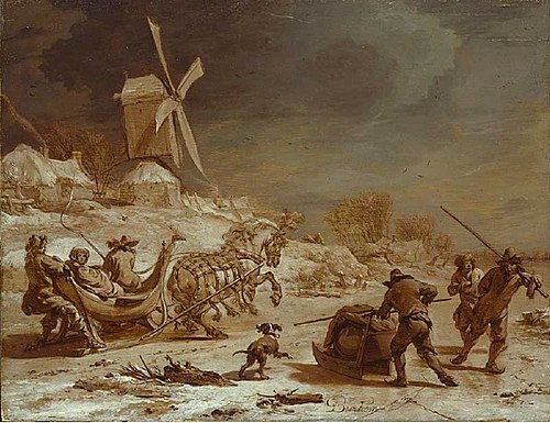 Winter landscape with mill and sleigh, 1665, Nicolaes Berchem