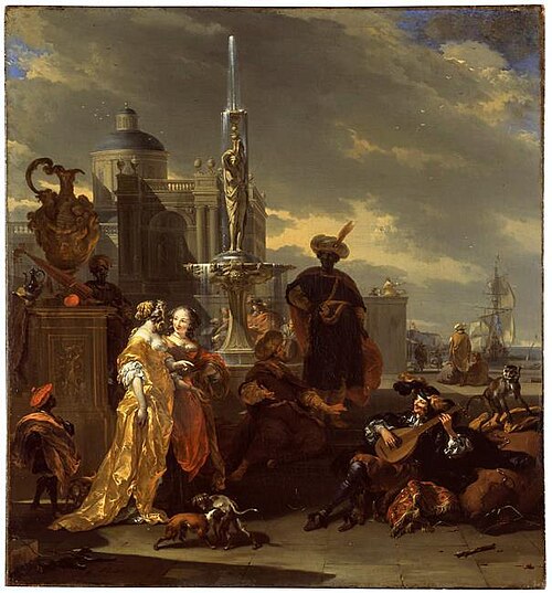 Elegant company in a mediterranean harbour, 1668, Nicolaes Pieterszoon Berchem