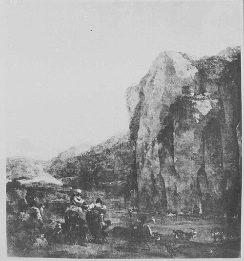 Shepherd watering cattle at the foot of a steep rock wall, 1659, Nicolaes Pieterszoon Berchem