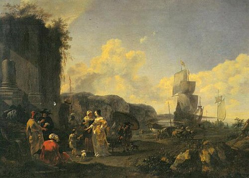 Italian Harbor with Ships and Slave market, 1655, Nicolaes Pieterszoon Berchem