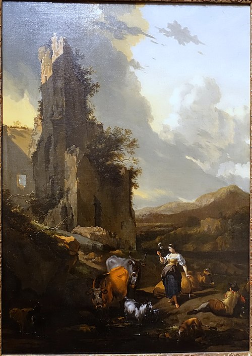 Italianate Landscape with Animals, a Shepherd, and a Peasant Woman Holding a Distaff, 1670, Nicolaes Pieterszoon Berchem