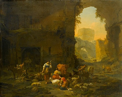 Milkmaids and Sheperds with their Flock at the Mouth of a Grotto, a Drover Watering his Cattle beyon, 1665, Nicolaes Pieterszoon Berchem