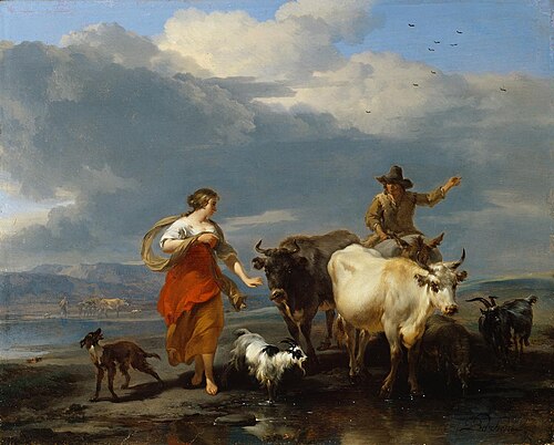 Southern Landscape with Shepherdess and Mule-rider at a Ford, 1672, Nicolaes Pieterszoon Berchem