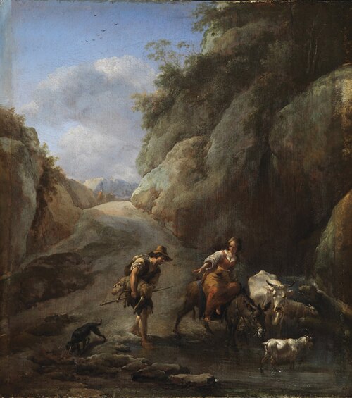 Drinking place in a rocky landscape, 1660, Nicolaes Pieterszoon Berchem