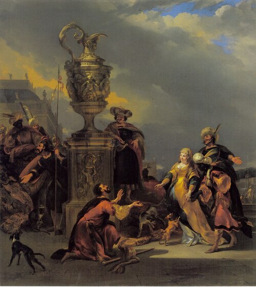 Sarah is given back to Abraham, who is honoured with a thousand pieces of silver and other gifts (Ge, 1670, Nicolaes Pieterszoon Berchem