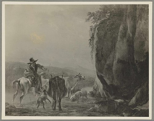 A horseman with two cows and sheep crossing a ford, 1650, Nicolaes Pieterszoon Berchem