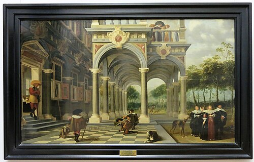 Colonnade with people and playing children, 1637, Dirck van Delen