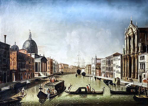 Grand Canal avec San Simeon Piccolo et l'église Scalzi en direction de Santa Lucia, 1745, Francesco Albotto