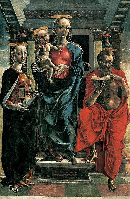 La Vierge et l'Enfant entre sainte Marie Madeleine et saint Jérôme, 1455, Cosmè Tura