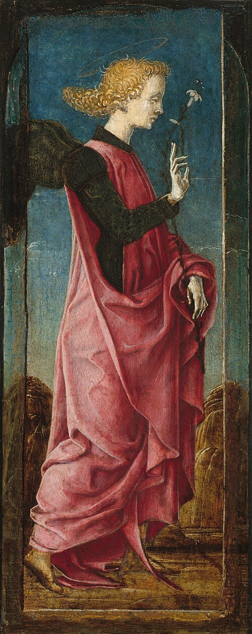 The Annunciation with Saint Francis and Saint Louis of Toulouse [middle left panel], 1475, Cosmè Tura