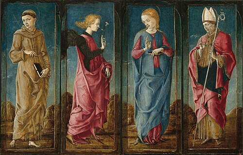 The Annunciation with Saint Francis and Saint Louis of Toulouse [four panels], 1475, Cosmè Tura