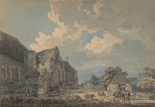 The Tithe Barn at Abbotsbury with the Abbey on the hill..., 1795, Thomas Girtin