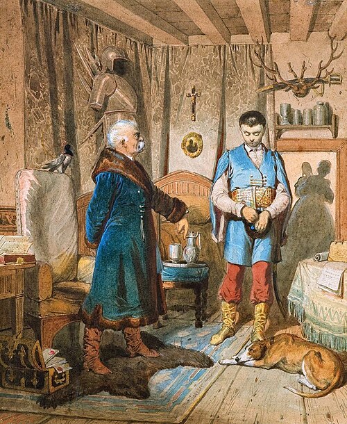 Szkoła szlachcica, II: Admonicja (Reprymenda; Ojcowskie napomnienie), 1858, Artur Grottger