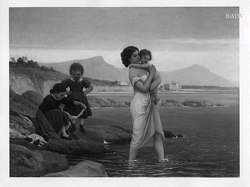 Junge Frau mit Kindern am Strand, 1868, Eugene de Blaas