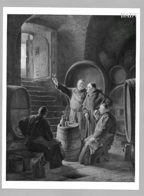 Mönche im Keller bei der Weinprobe, 1895, Eduard von Grützner