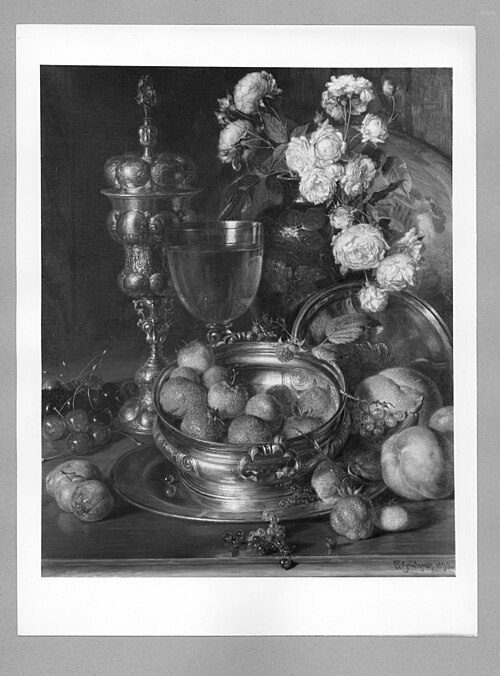 Stillleben mit Pokalen, Rosen und Früchten, 1898, Eduard von Grützner
