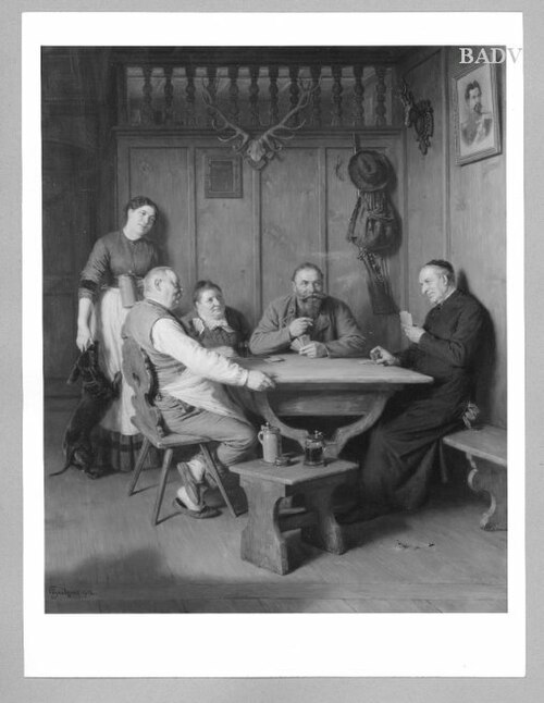 Sun - interior 5 Persons - playing on cords, 1912, Eduard von Grützner