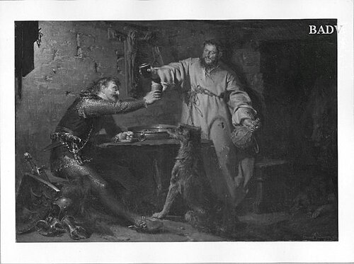 Guerrier moyenâgeux trinquant avec un ermite, 1878, Eduard von Grützner