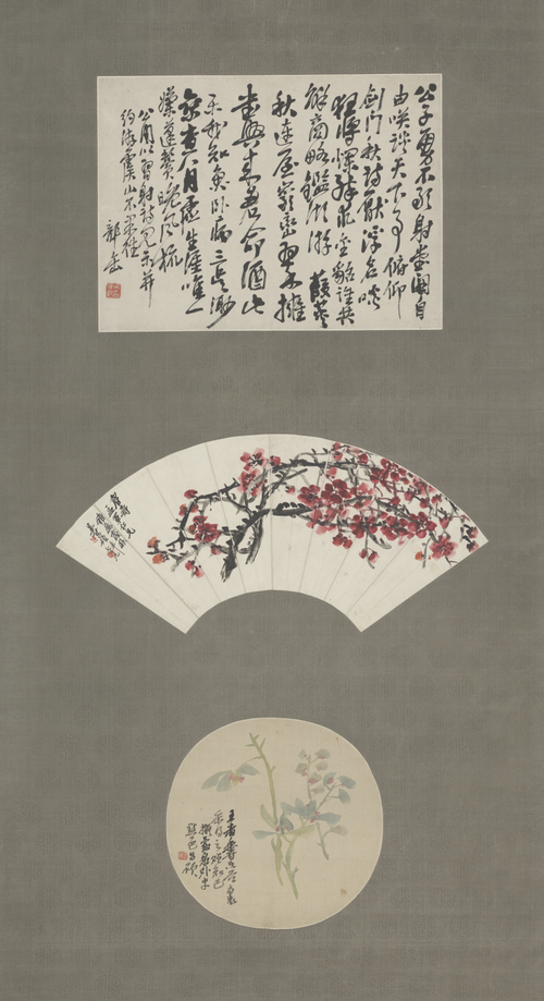 吴俊卿设色红梅兰花扇面, , Wu Changshuo