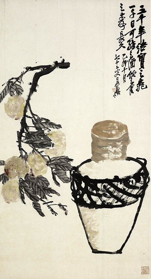 清 吴俊卿 酒坛蟠桃图轴, 1915, Wu Changshuo