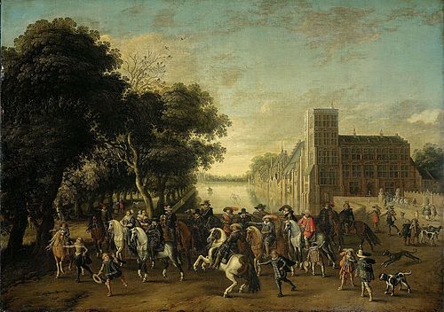 Prince Maurits, accompanied by Prince Frederik Hendrik, Frederick V of Bohemia and his wife Elizabet, 1621, Paulus van Hillegaert