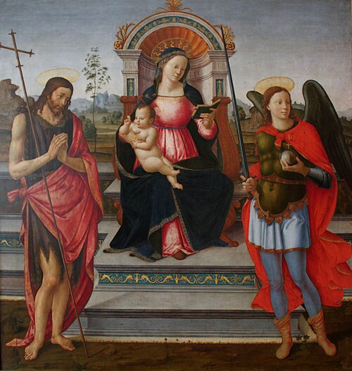 Madonna Enthroned with the blessing child, John the Baptist and St. Michael the Archangel, 1497, Francesco Granacci