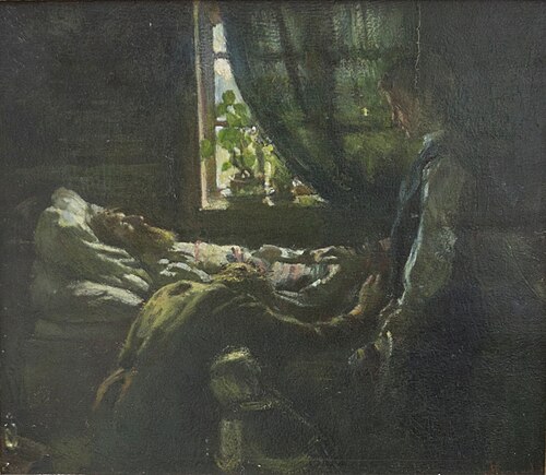 Arbeiderens dødsleie. Skisse., 1888, Hans Olaf Heyerdahl