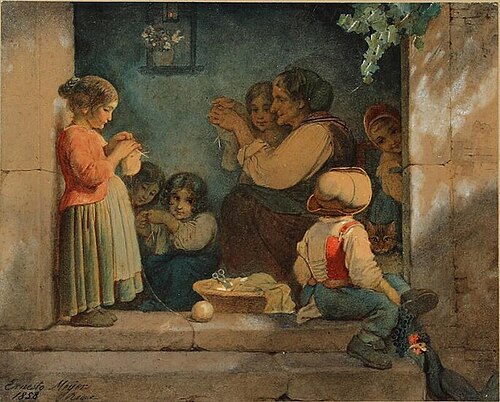 A knitting lesson, 1858, Ernst Meyer