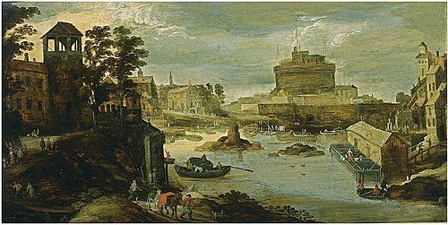Rome: A view of the Castel Sant'Angelo, the Ponte d'Angelo and the Tiber in the foreground, 1650, Philippe de Momper