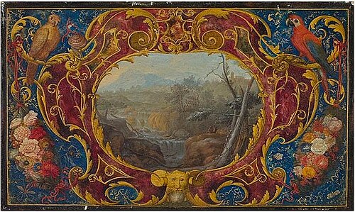 Cartouche with floral decoration and two parrots around a landscape, 1650, Philips Augustyn Immenraet