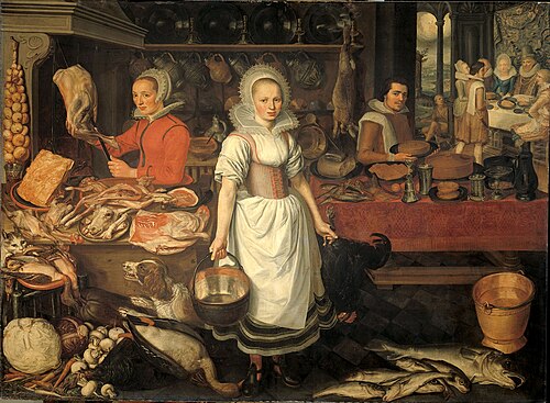 Kitchen Scene with the Parable of the Rich Man and Poor Lazarus, 1610, Pieter Cornelisz van Rijck