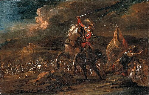 A cavalier trying to kill a standard bearer during a Battle, 1674, Pieter Hofman