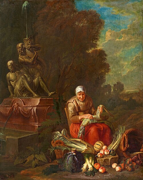 Kitchen maid by a fountain, 1750, Peter Snyers